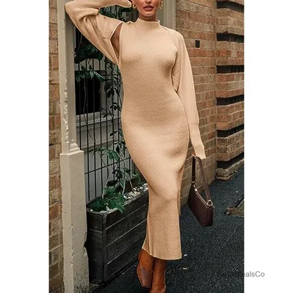 Slim Fit Knit Sweater Dress Set With Cropped Cardigan, Mock Neck, Long Sleeve - Picture 4 of 7